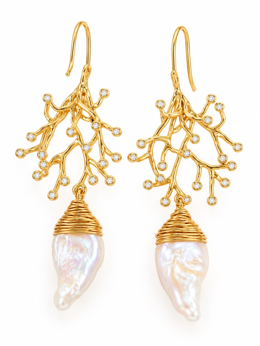Handmade Baroque Pearl Gold Branch Drop Earrings